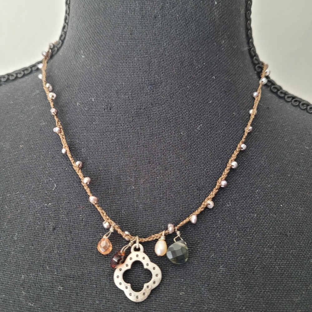 Stella & Dot 925 Boho Pearl & Crystal Charm Necklace